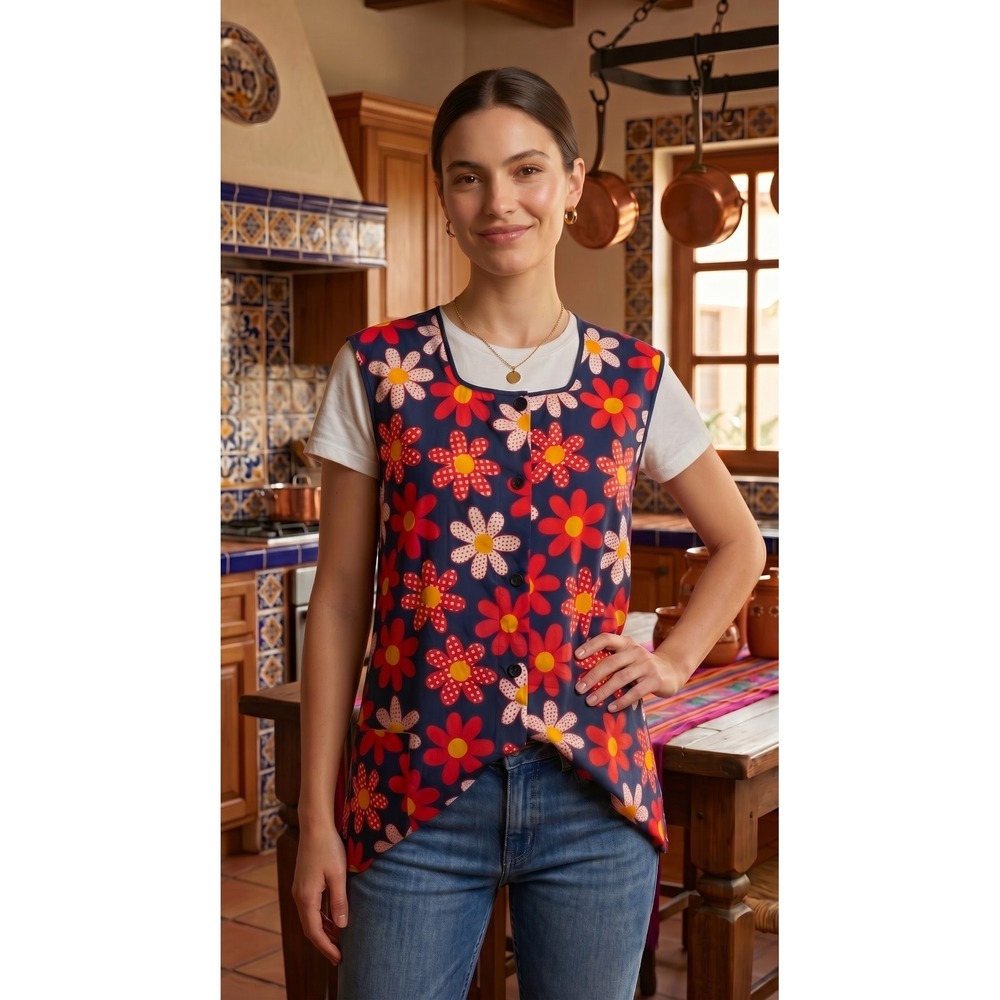 Vtg 60s Flower Power Smock Apron Back Tie Red Yellow Blue Floral
